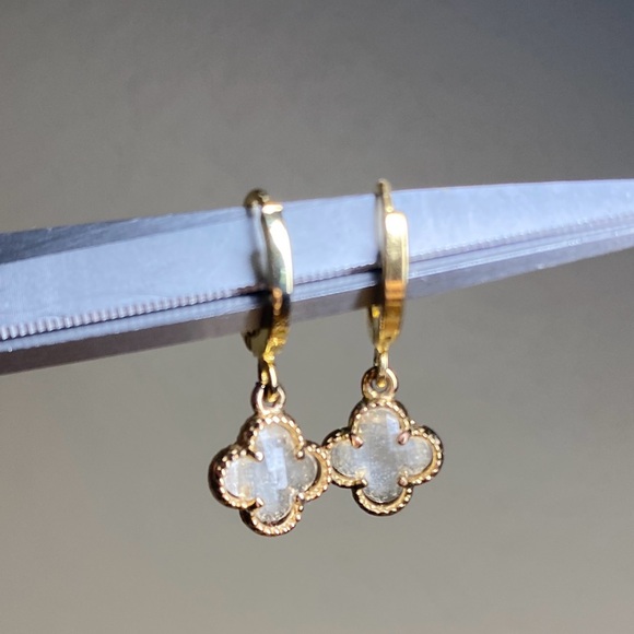 Gold Tone Huggie Hoop Earrings with Clover Charm | Mother-of-Pearl Look - Picture 4 of 5